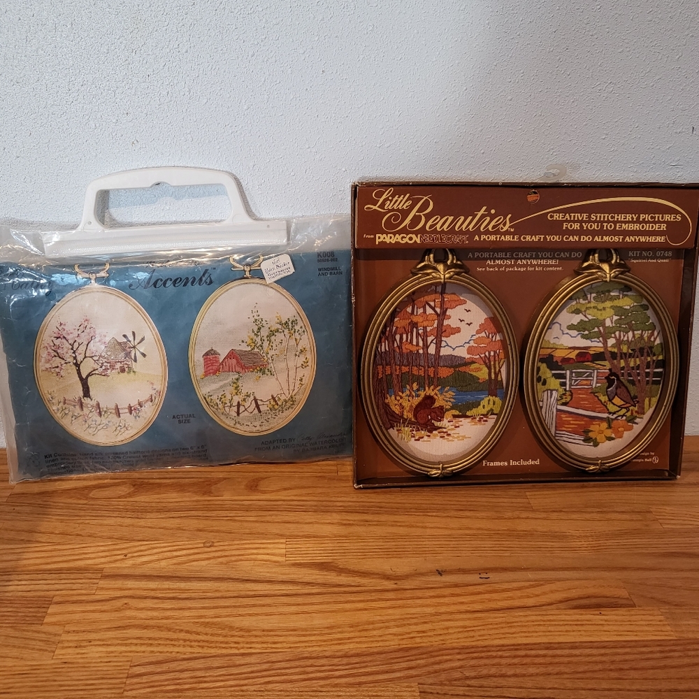 Mini Crewel Kit Watercolor Accents Windmill, Barn Little Beauties Squirrel Quail